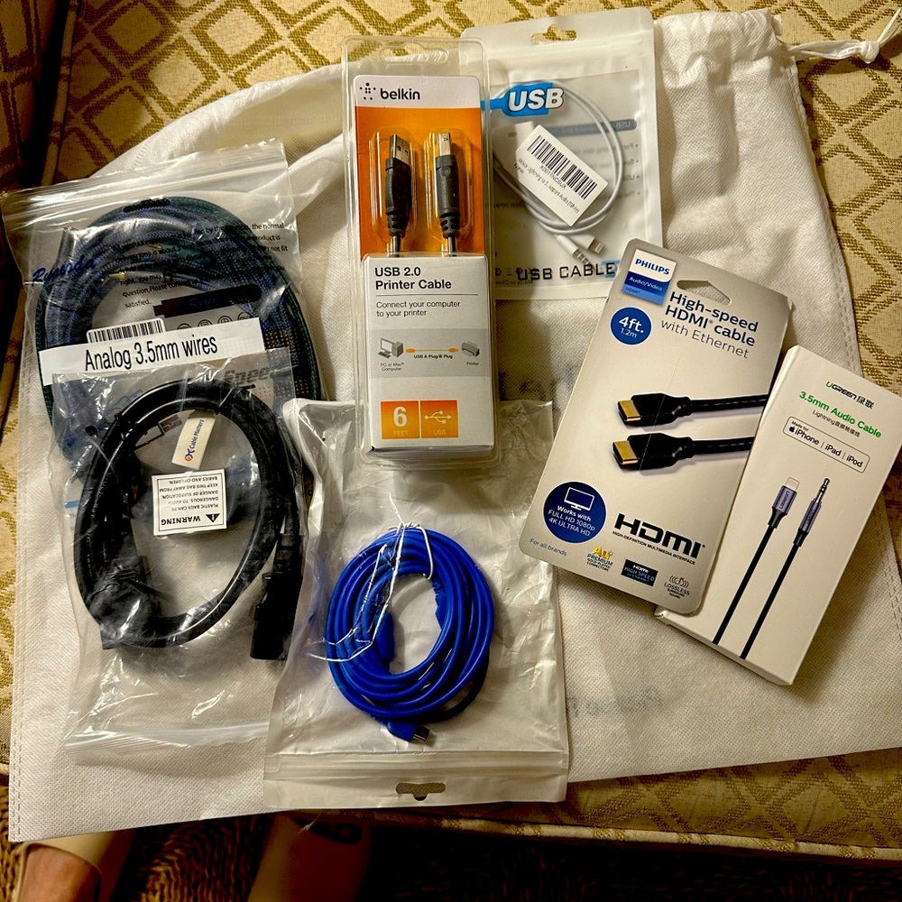 NWT Set-Assorted Cables, Chargers & Audio Accessories-All Sealed Packages